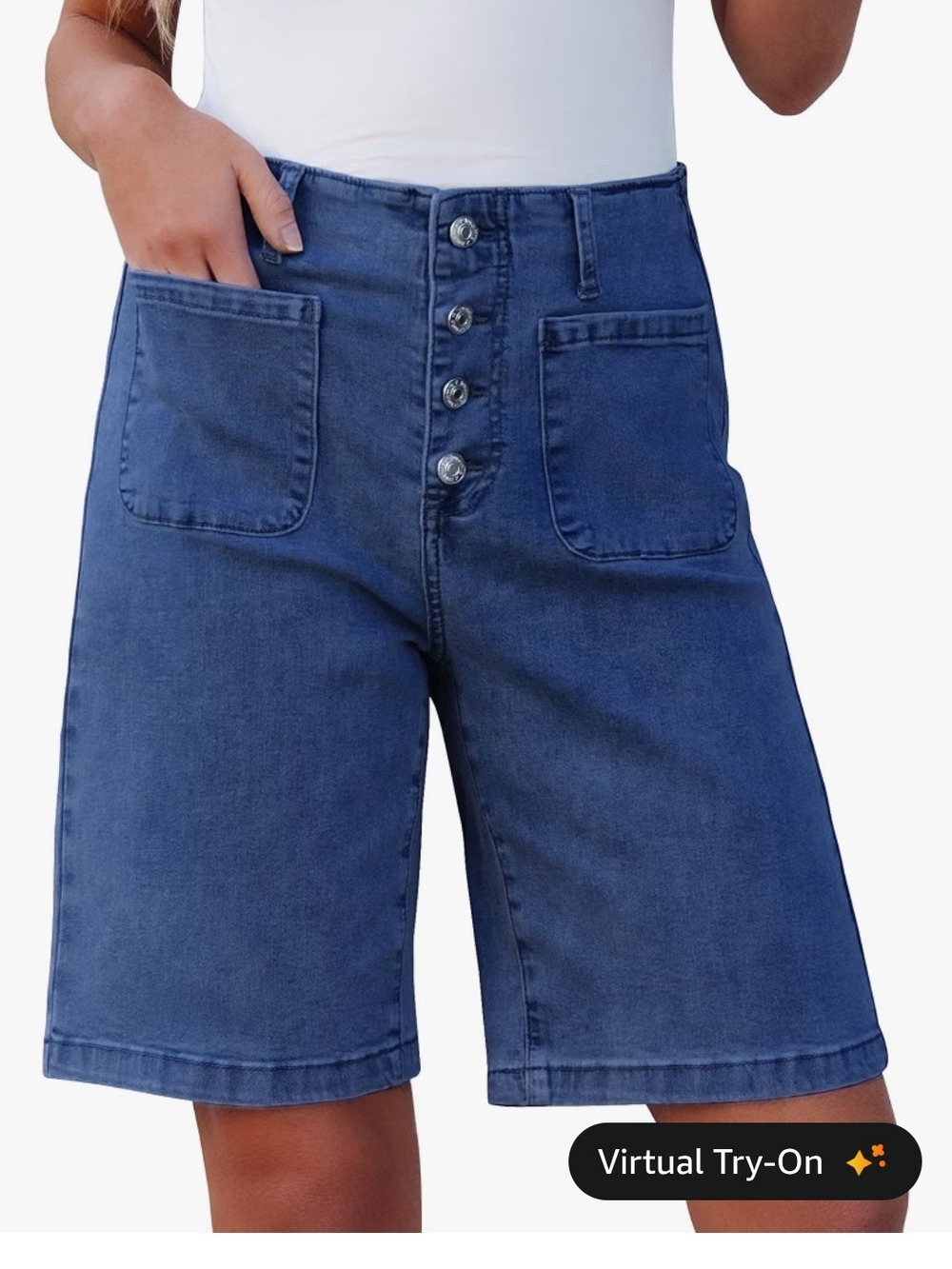 Button-Front High-Waist Denim Bermuda Shorts - Blue
